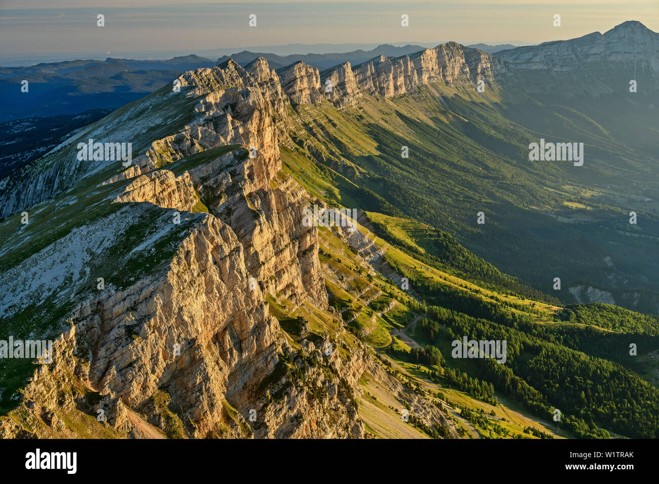 Morning Mood over the mountains of the Vercors with mouche role in the background, from the Grand Veymont, Vercors, Dauphine, Dauphine, Isère, France Stock Photo