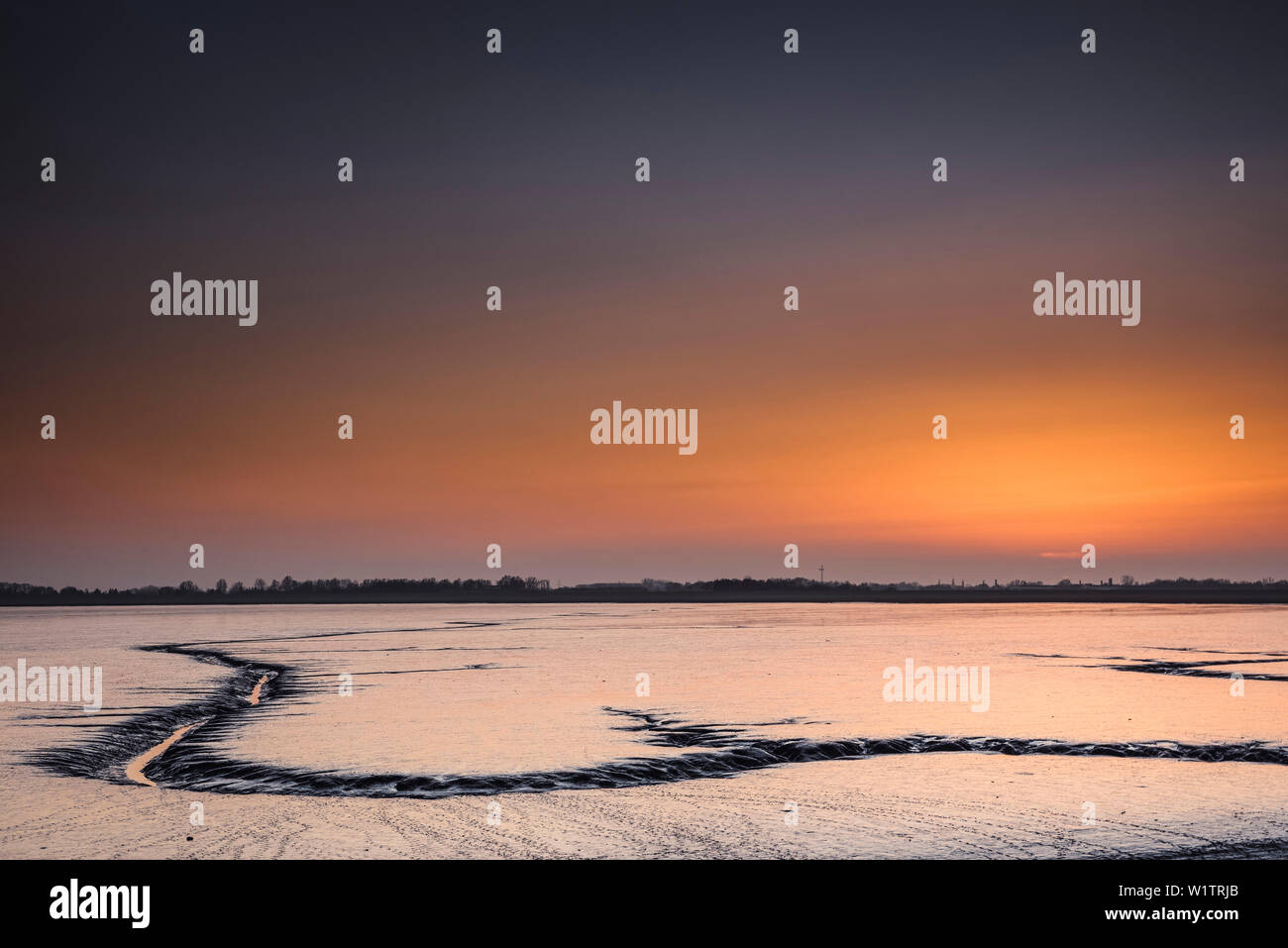 wadden sea, tidal pool, dusk, Jadebusen, North Sea, Wilhelmshaven, Lower Saxony, Germany, Europe Stock Photo