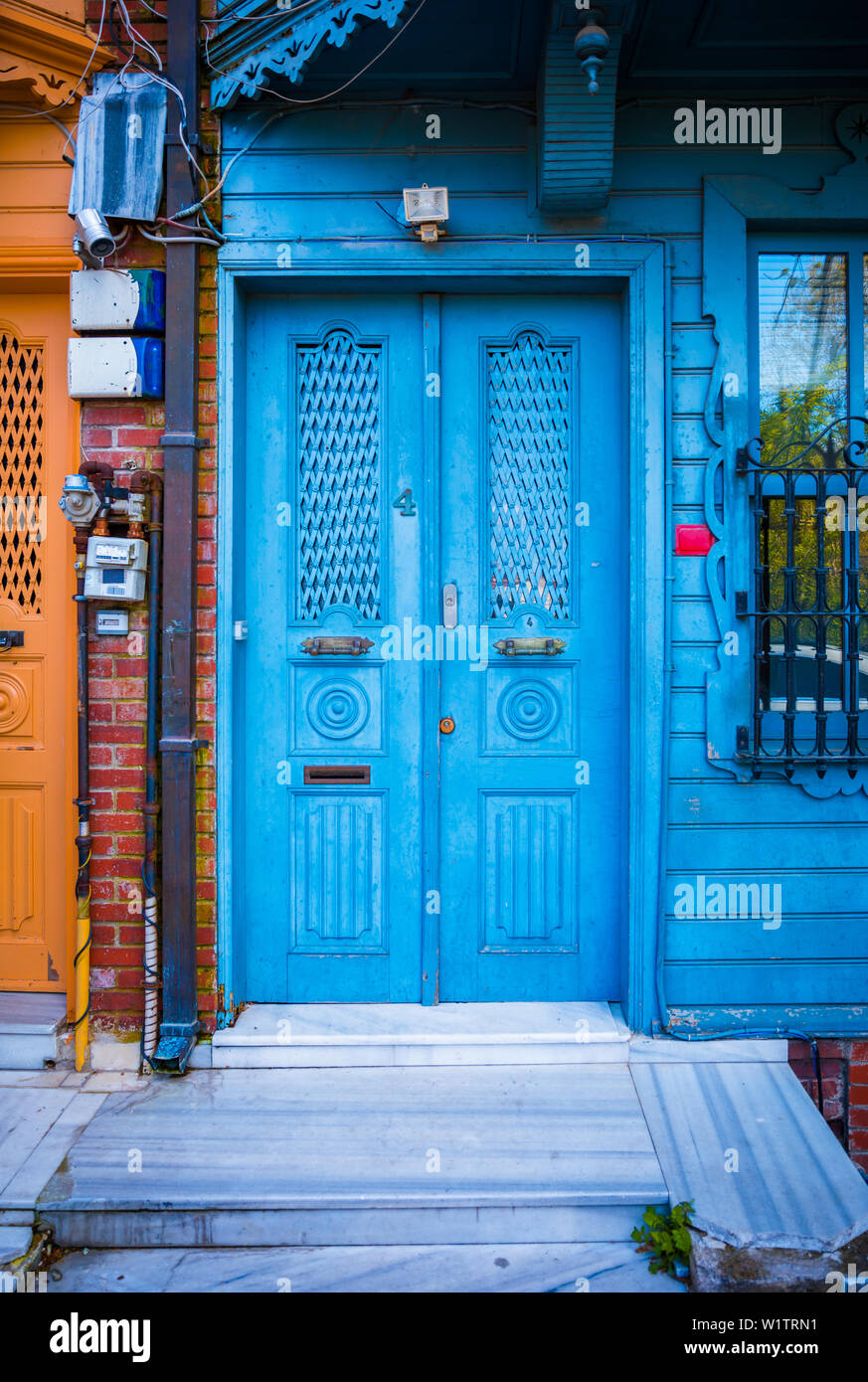 Historical, Old, Colorful Doors in Kuzguncuk, Istanbul, Turkey. Detail scenic view of colorful doors in Istanbul Streets. Stock Photo