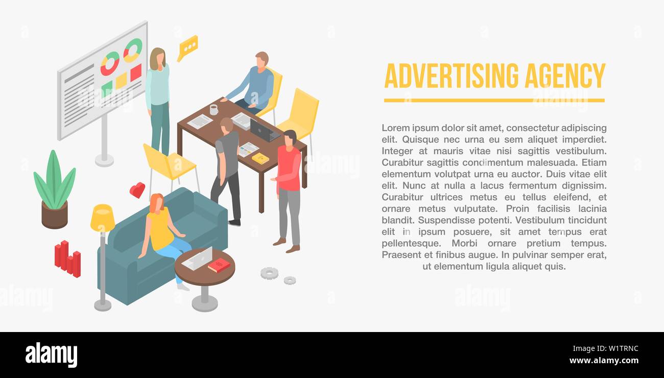 Advertising Agency Concept Banner Isometric Style Stock Vector