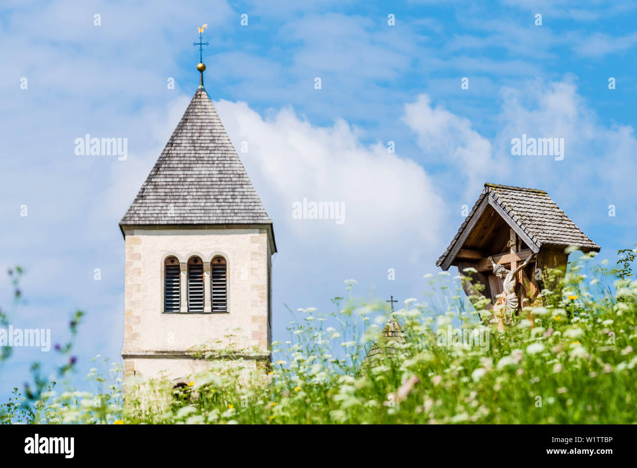 St. Wolfgang Church with Way Cross, Radein, South Tyrol, Italy Stock Photo