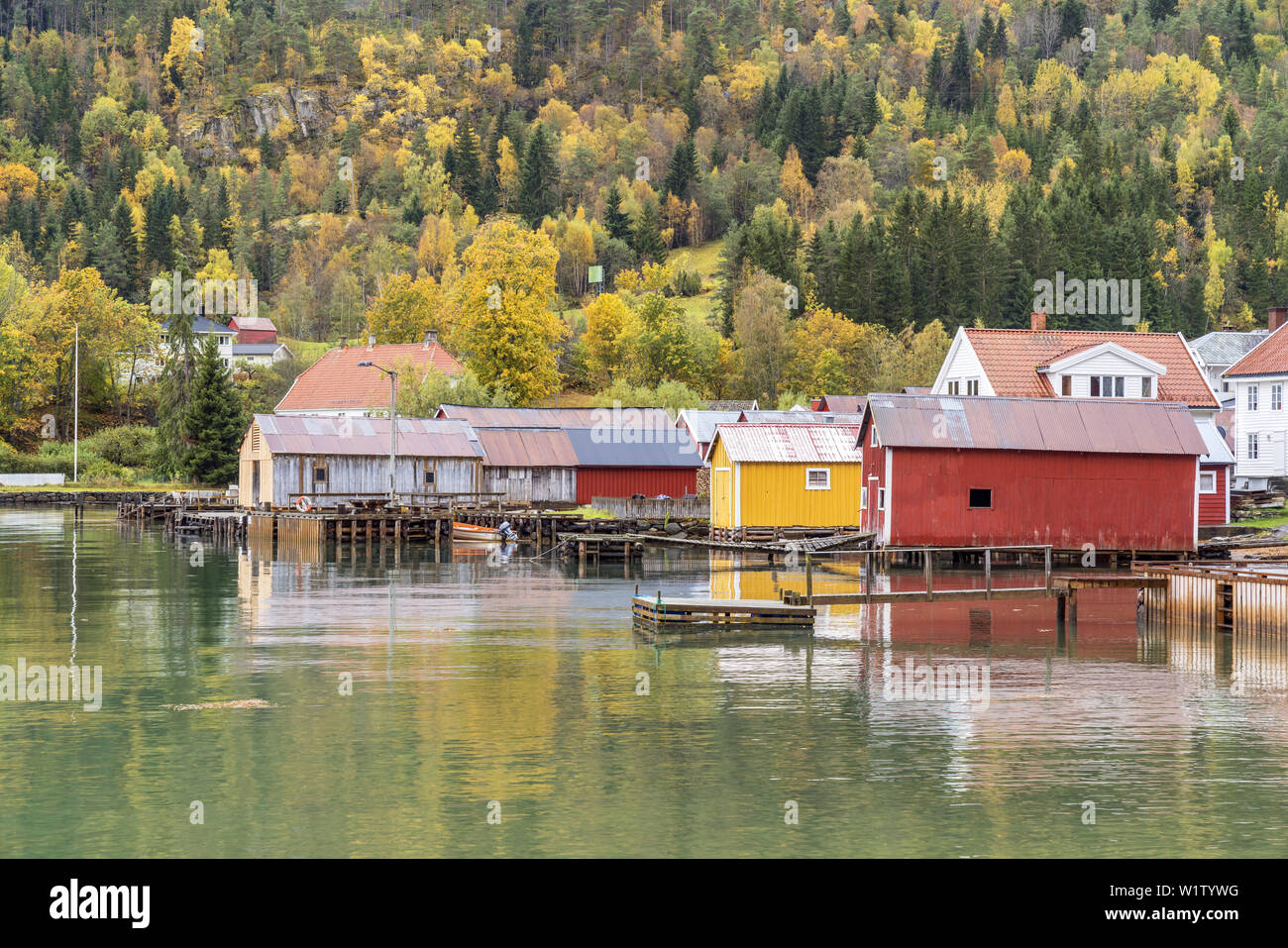 Houses in Solvorn by the fjord Lusterfjord, Sogn og Fjordane, Fjord