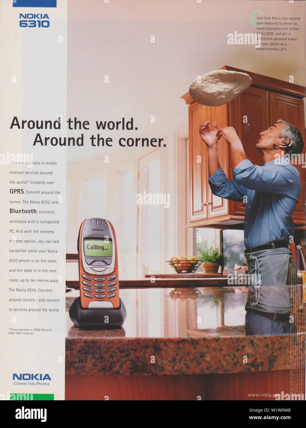 poster advertising Nokia 6310 phone in magazine from 2002 year, NOKIA Connecting People slogan, advertisement Stock Photo