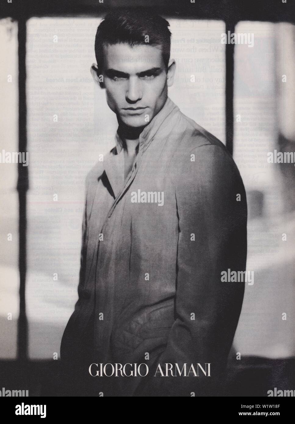 poster advertising Giorgio Armani male model in paper magazine from 1998,  no slogan, advertisement, creative Giorgio Armani advert from 1990s, b&w  Stock Photo - Alamy