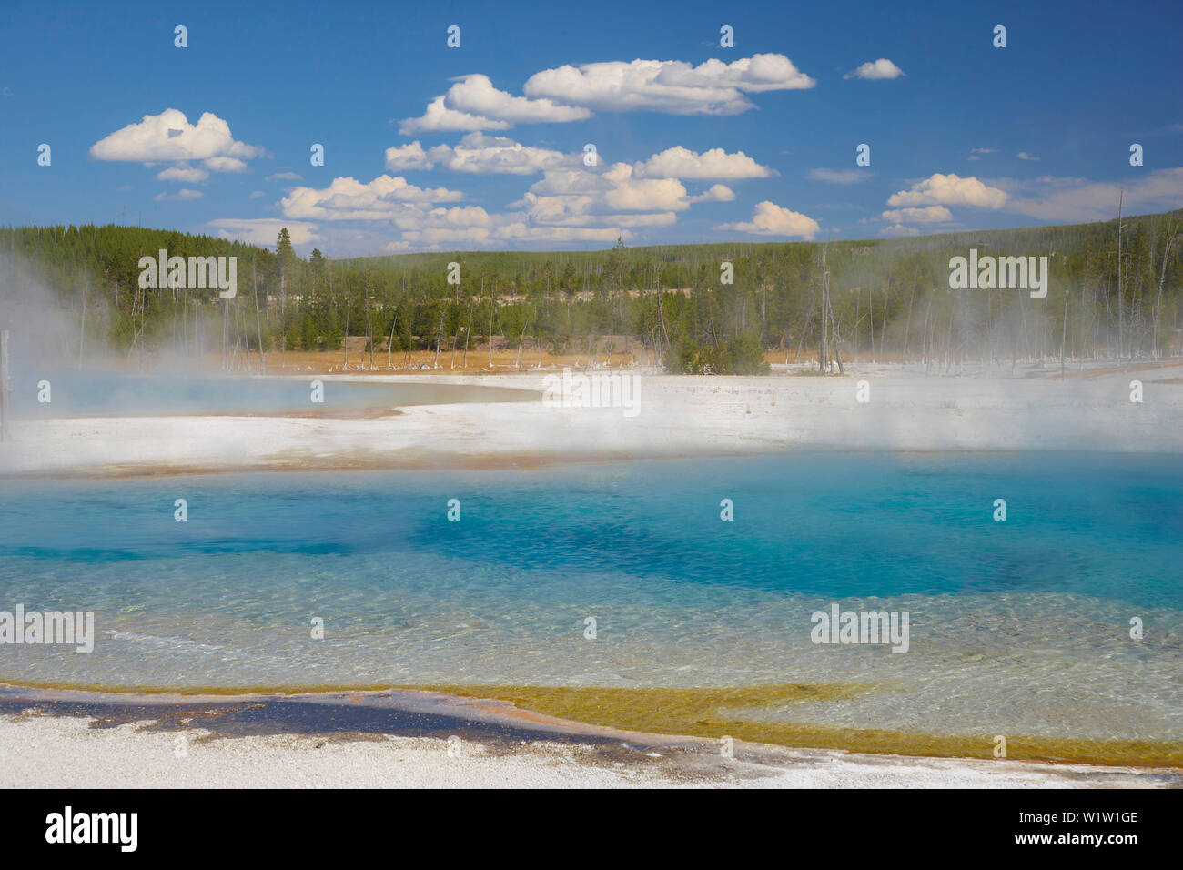 Rainbow Pool (in front) and Sunset Lake (in the background) im Black Sand Basin , Yellowstone National Park , Wyoming , U.S.A. , America Stock Photo