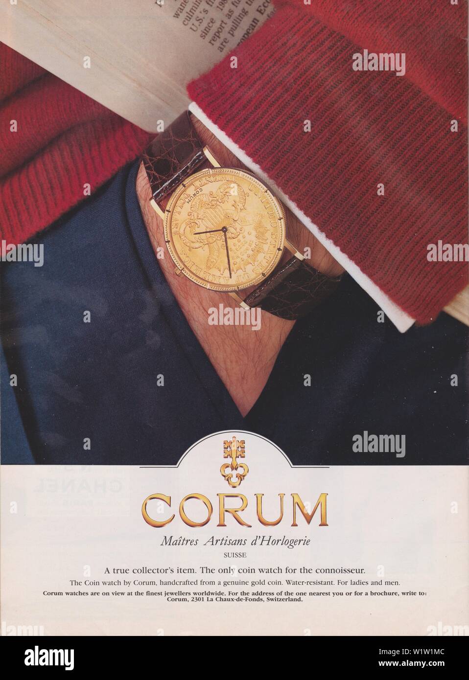 poster advertising Corum Coin watch in magazine from 1993 year, with slogan, advertisement creative Corum advert from 1990s Stock Photo