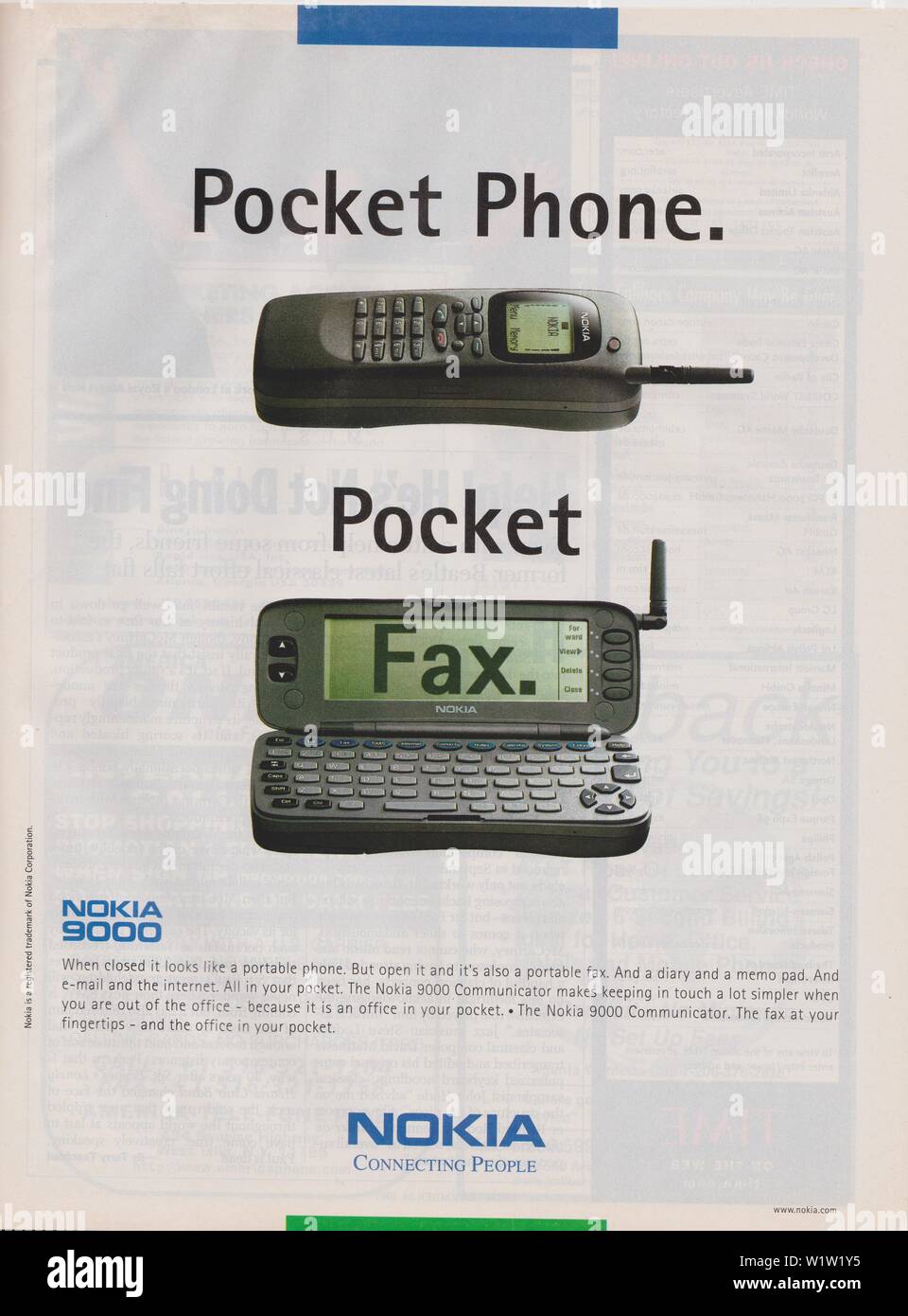 poster advertising Nokia 9000 Communicator phone, magazine 1997, NOKIA Connecting People slogan, Pocket Phone advertisement from 1990s Stock Photo