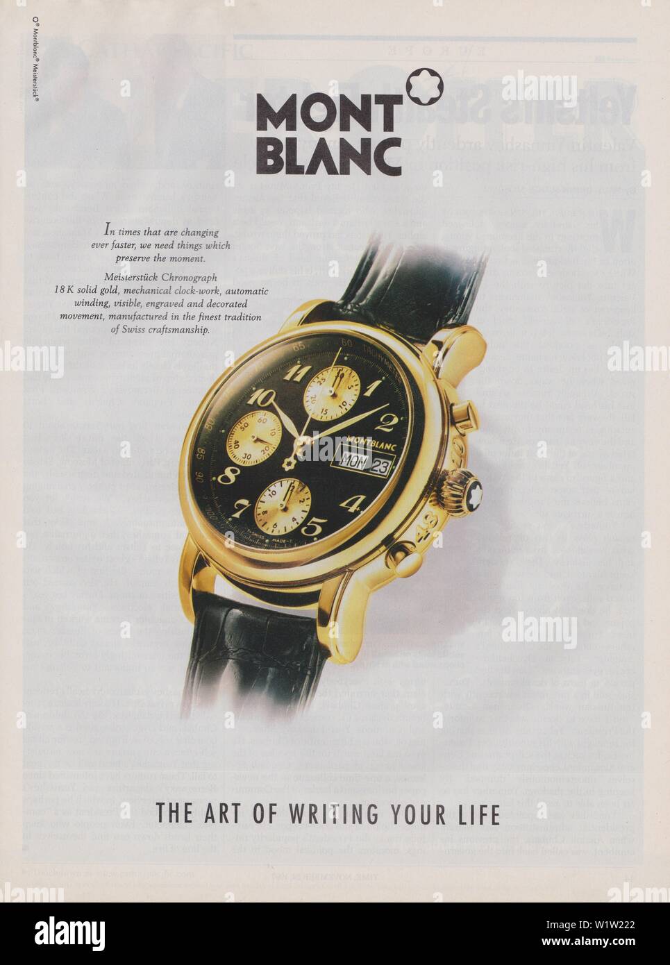 poster advertising Mont Blanc watch, magazine 1997 year, The Art of Writing your life slogan, advertisement creative advert from 1990s Stock Photo