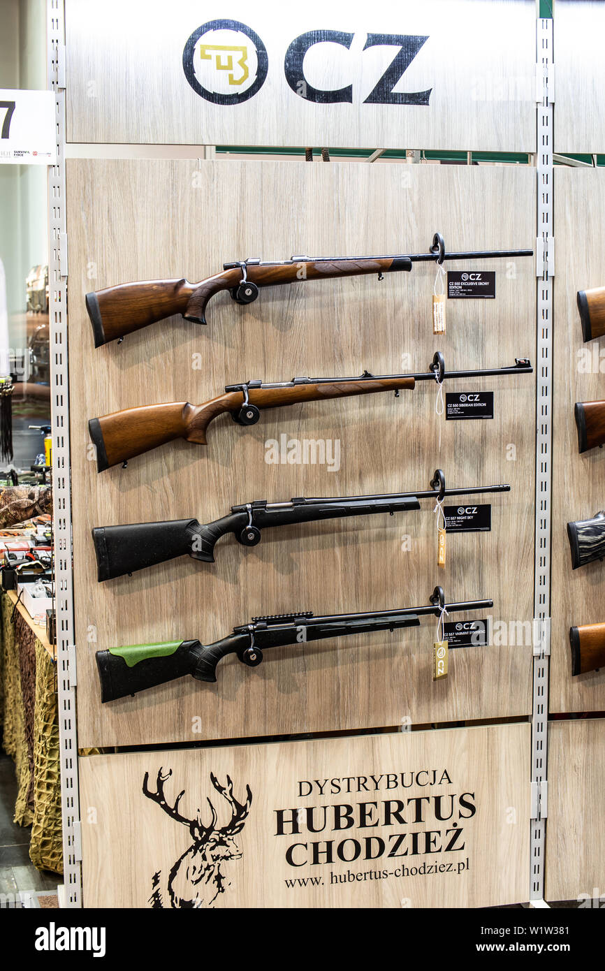 Poznan, Poland, Feb 2019 firearm CZ Ceska Zbrojovka CZUB, semi-automatic pistols, rifles, guns, carbines, exposition, KNIEJE Hunting shooting fair Stock Photo