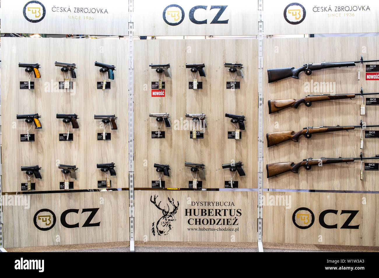 Poznan, Poland, Feb 2019 firearm CZ Ceska Zbrojovka CZUB, semi-automatic pistols, rifles, guns, carbines, exposition, KNIEJE Hunting shooting fair Stock Photo