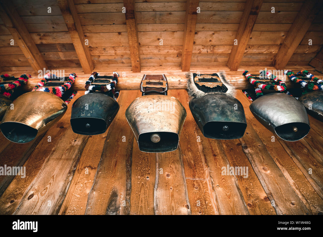 Cowbells on the Bergalm, E5, Alpenüberquerung, 1st stage Oberstdorf Sperrbachtobel to Kemptnerhütte, Allgäu, Bavaria, Alps, Germany Stock Photo