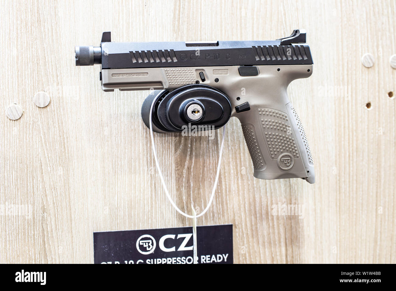 Poznan, Poland, Feb 2019 CZ semi-automatic pistol made by Czech firearm manufacturer CZUB in Czech Republic, exposition, KNIEJE Hunting shooting fair Stock Photo
