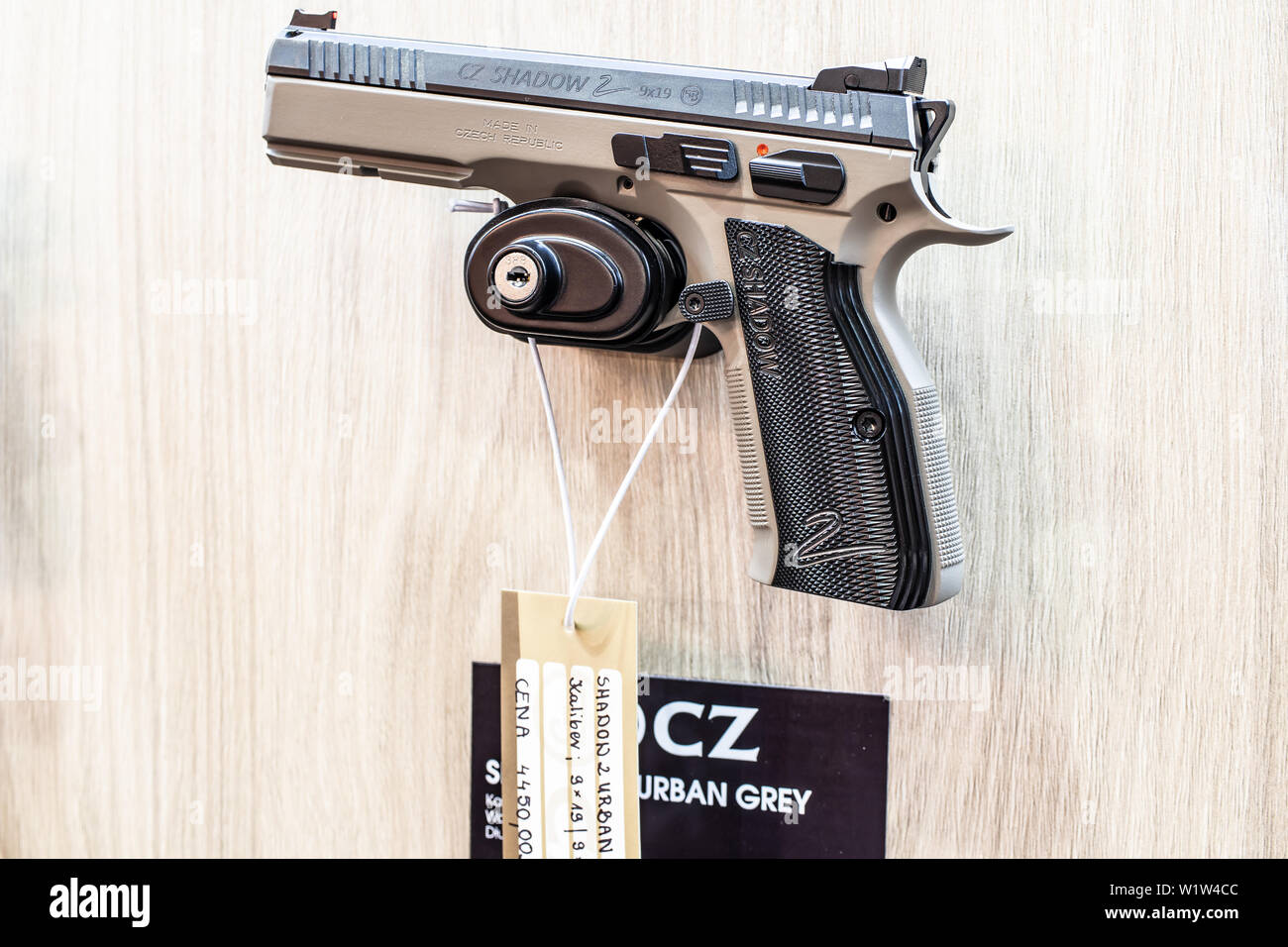 Poznan, Poland, Feb 2019 CZ semi-automatic pistol made by Czech firearm manufacturer CZUB in Czech Republic, exposition, KNIEJE Hunting shooting fair Stock Photo