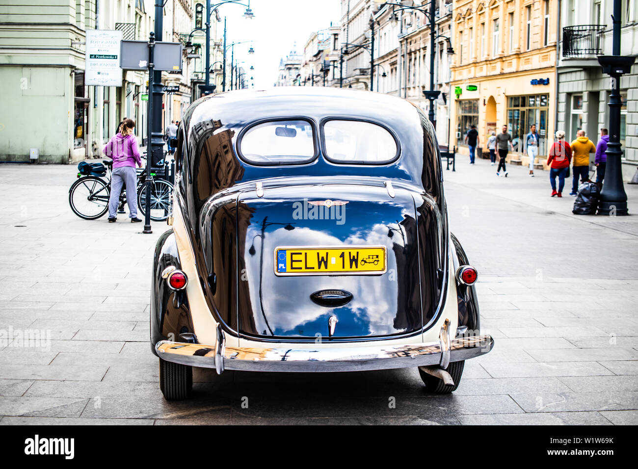 Lodz, Poland, April 21, 2019: vintage glossy and shiny old classic retro car, oldtimer for wedding couple, just married car Stock Photo