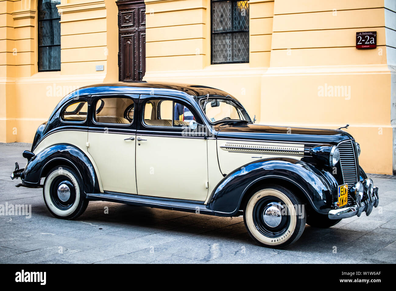 Lodz, Poland, April 21, 2019: vintage glossy and shiny old classic retro car, oldtimer for wedding couple, just married car Stock Photo