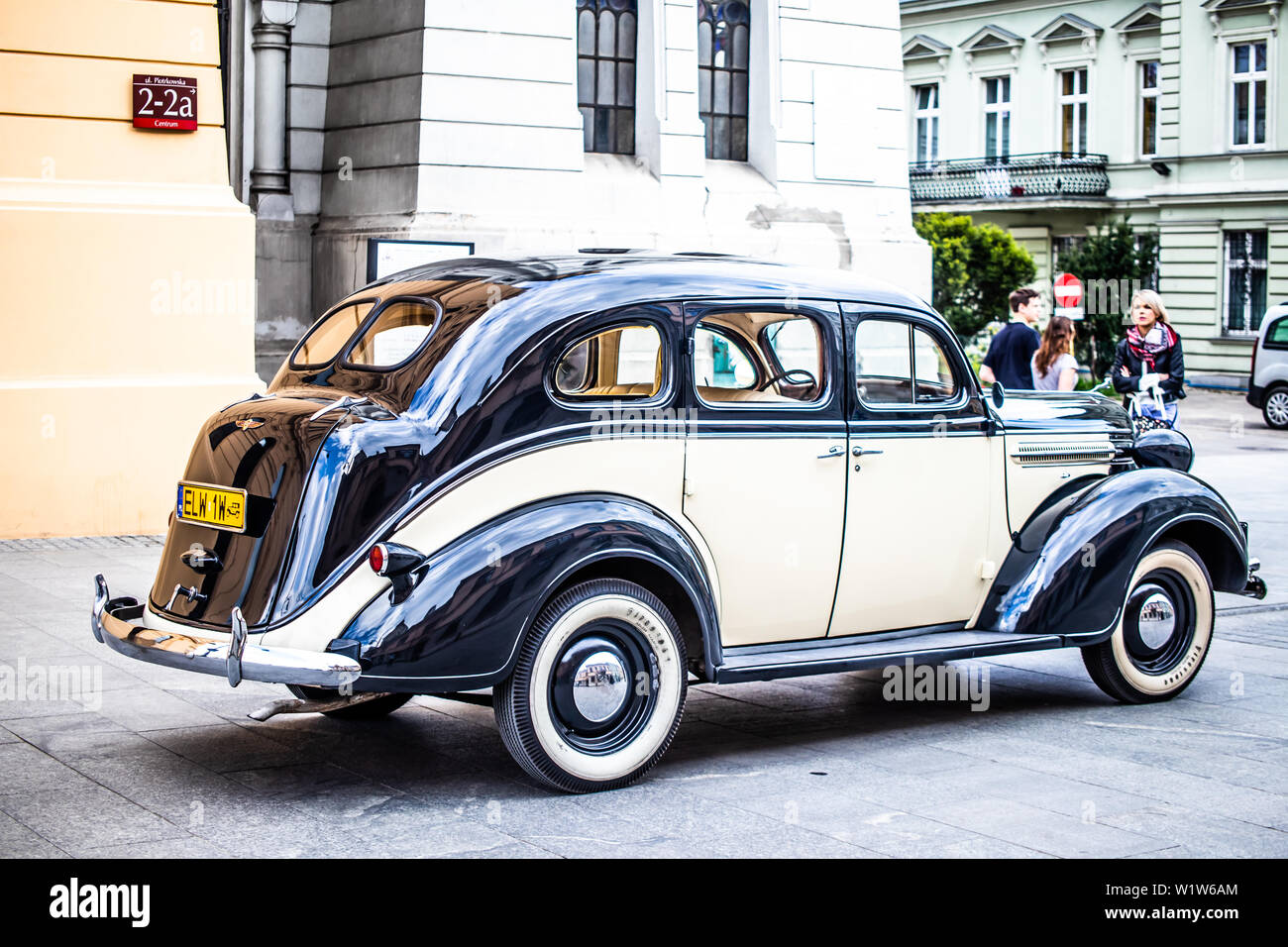 Lodz, Poland, April 21, 2019: vintage glossy and shiny old classic retro car, oldtimer for wedding couple, just married car Stock Photo