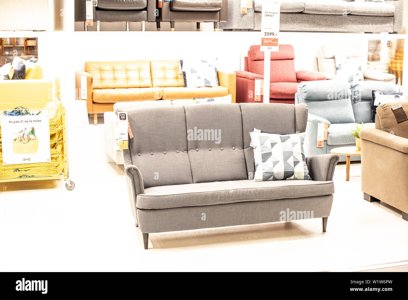 Lodz, Poland, Jan 2019 exhibition interior IKEA store Modern Chairs Armchairs Sofas IKEA sells ready-to-assemble furniture appliances home accessories Stock Photo