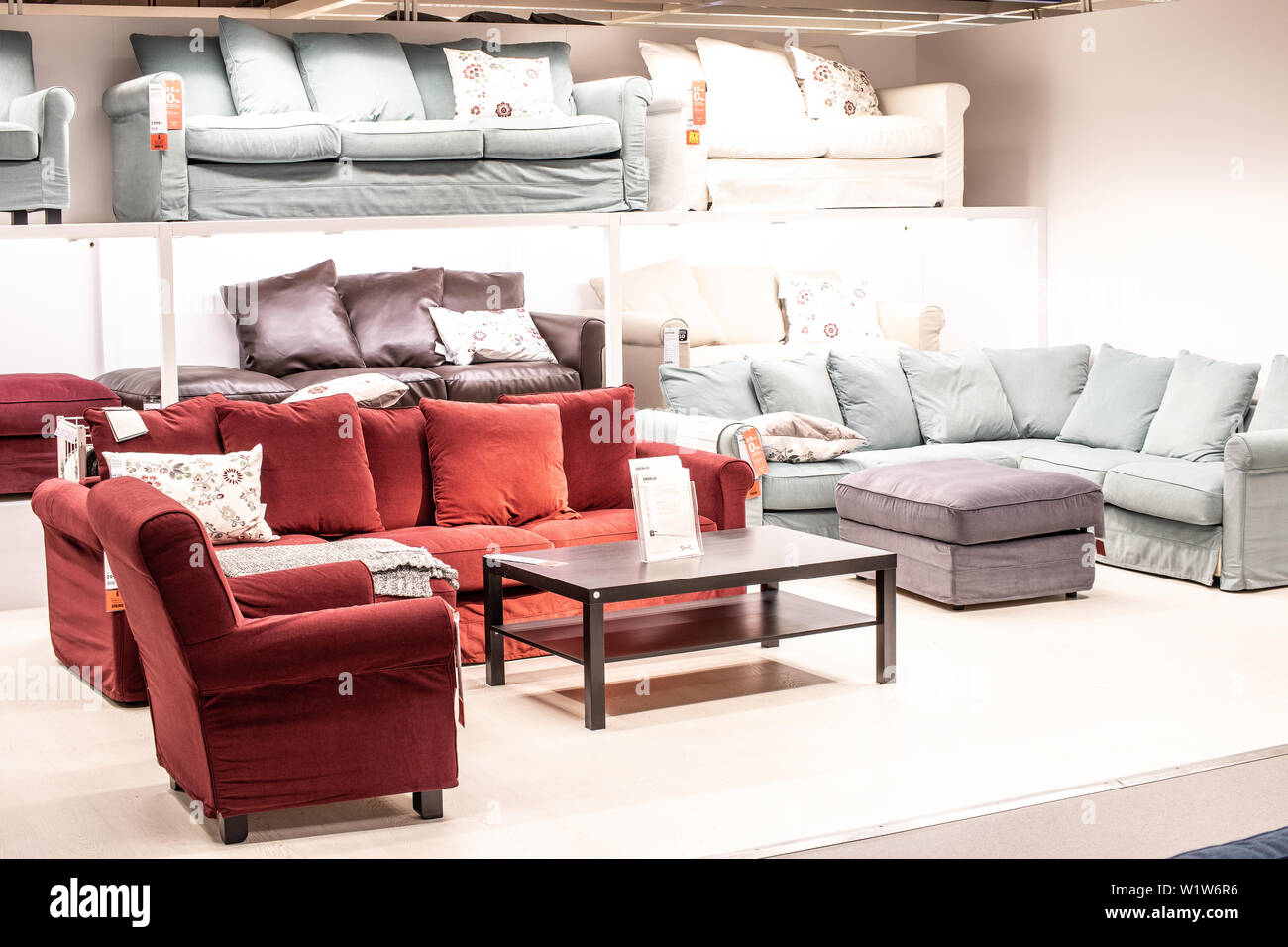 Lodz, Poland, Jan 2019 exhibition interior IKEA store Modern Chairs Armchairs Sofas IKEA sells ready-to-assemble furniture appliances home accessories Stock Photo