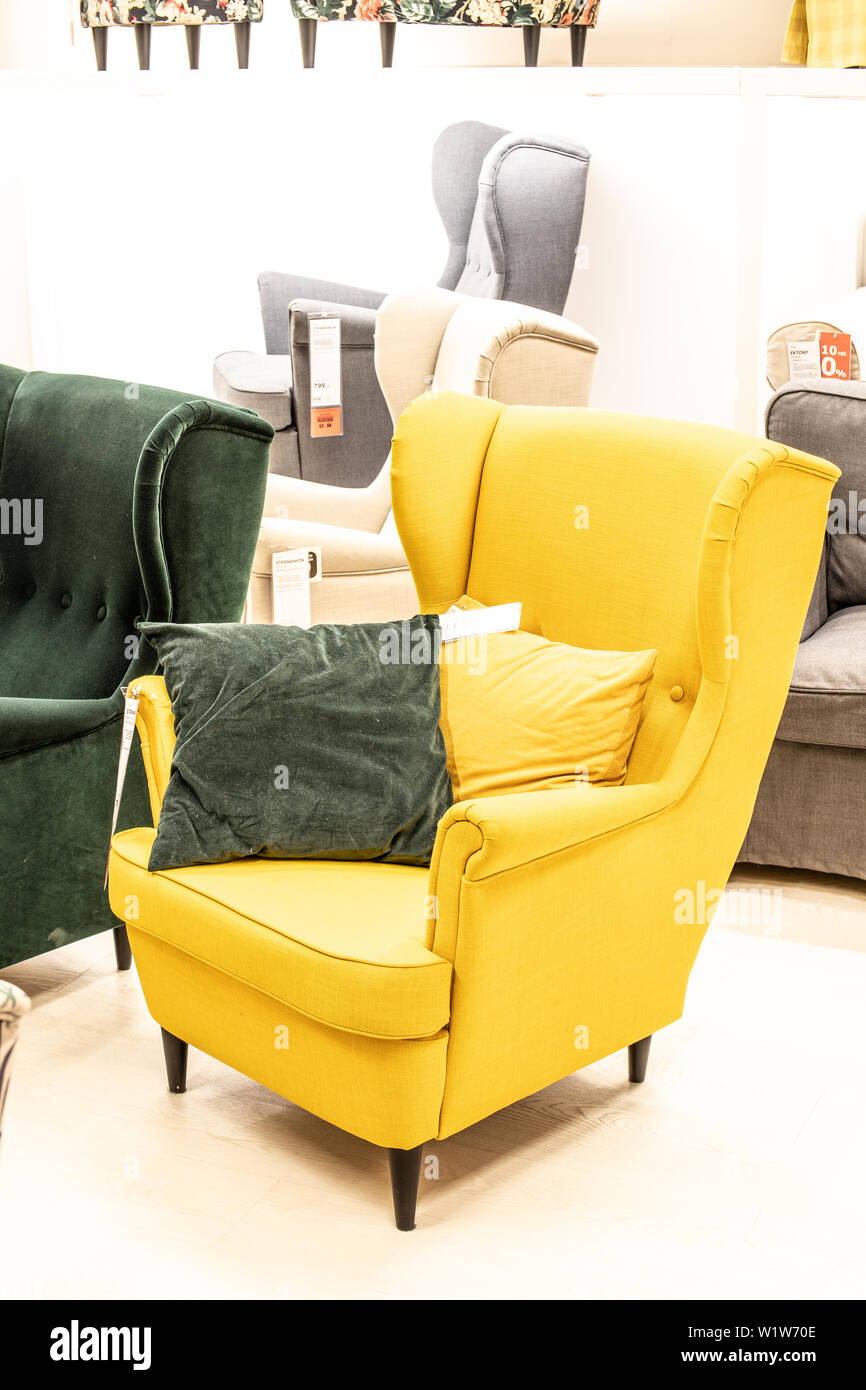 Lodz, Poland, Jan 2019 exhibition interior IKEA store Modern Chairs Armchairs Sofas IKEA sells ready-to-assemble furniture appliances home accessories Stock Photo