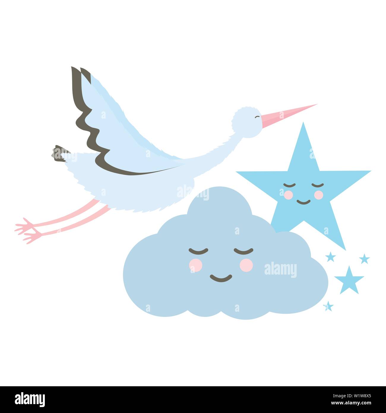 stork bird flying with cloud and star kawaii characters vector ...