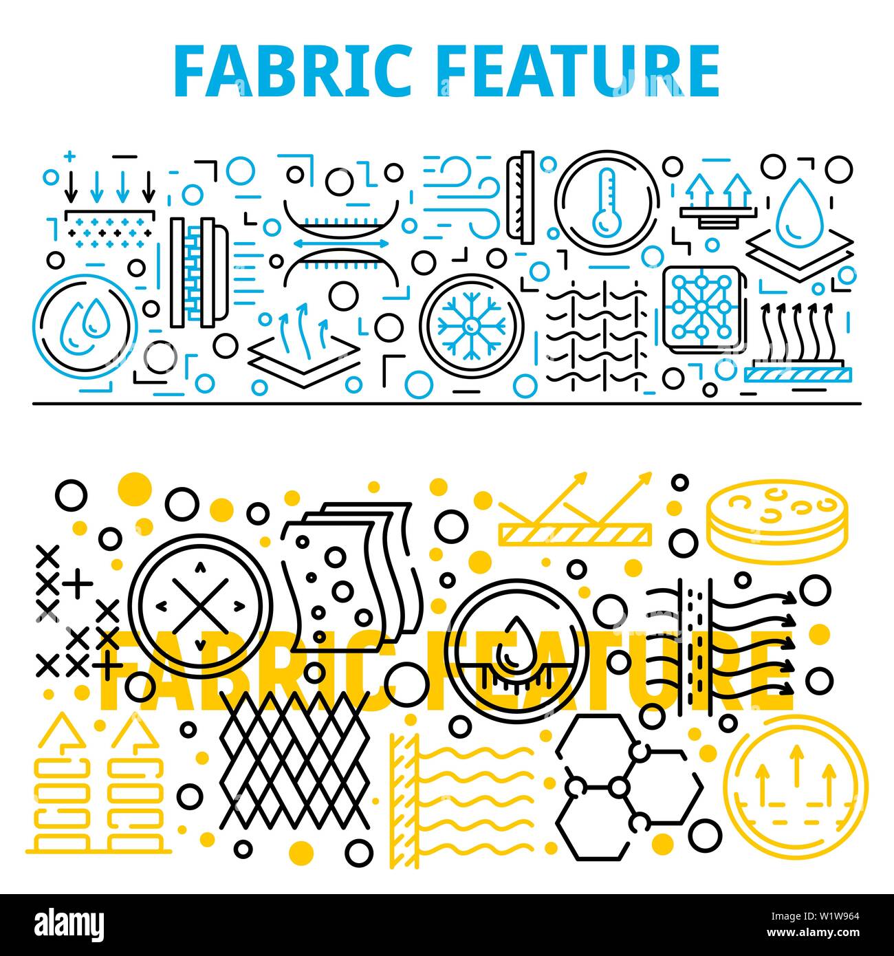 Fabric feature breathable banner set, outline style Stock Vector