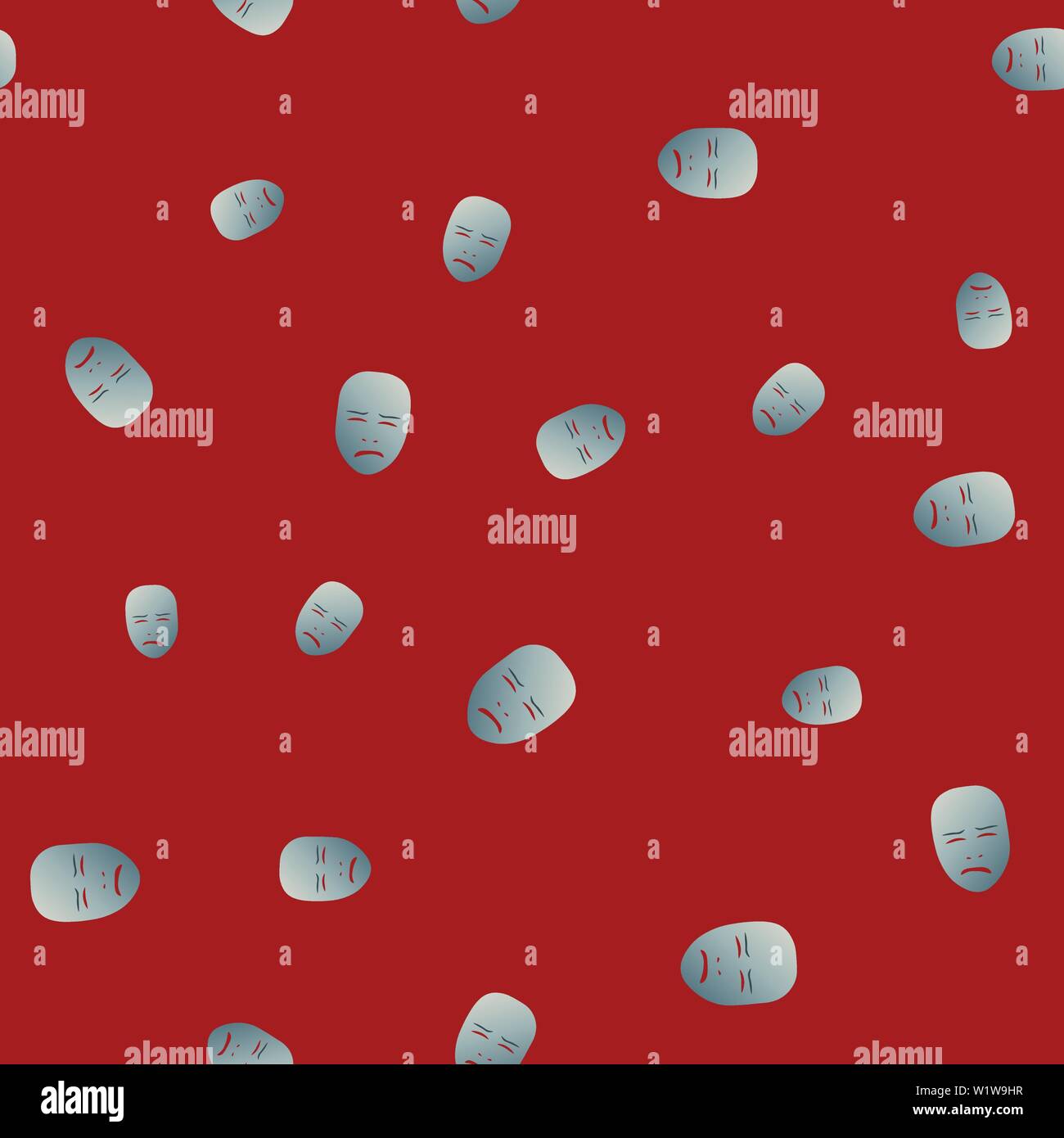 Seamless pattern of theatrical mask with crying emotion. Vector illustration. Silver mask with gradient on red background. Stock Vector