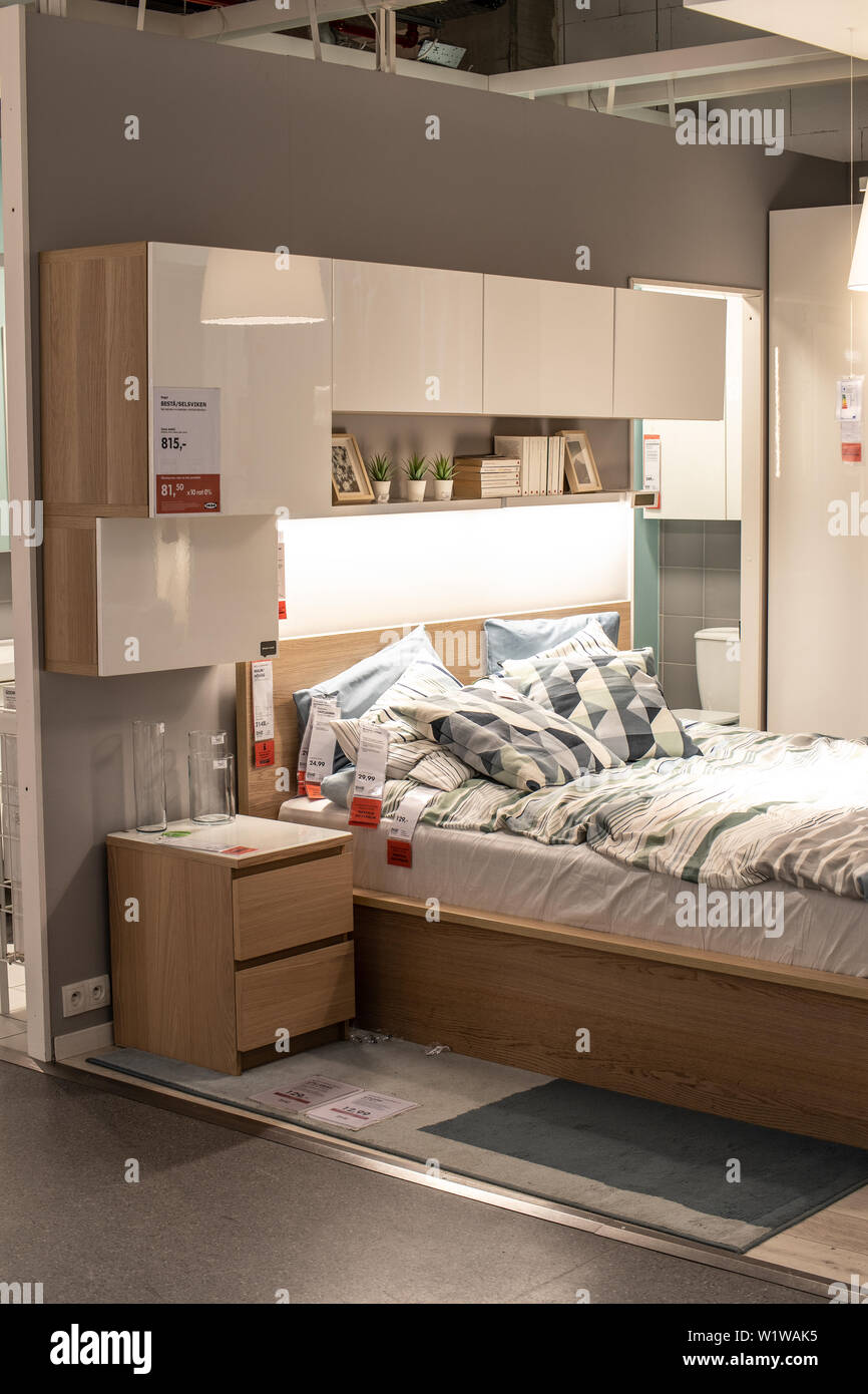 Lodz, Poland, Jan 2019 exhibition interior IKEA store. modern bedroom. IKEA designs, sells ready-to-assemble furniture, appliances, home accessories Stock Photo