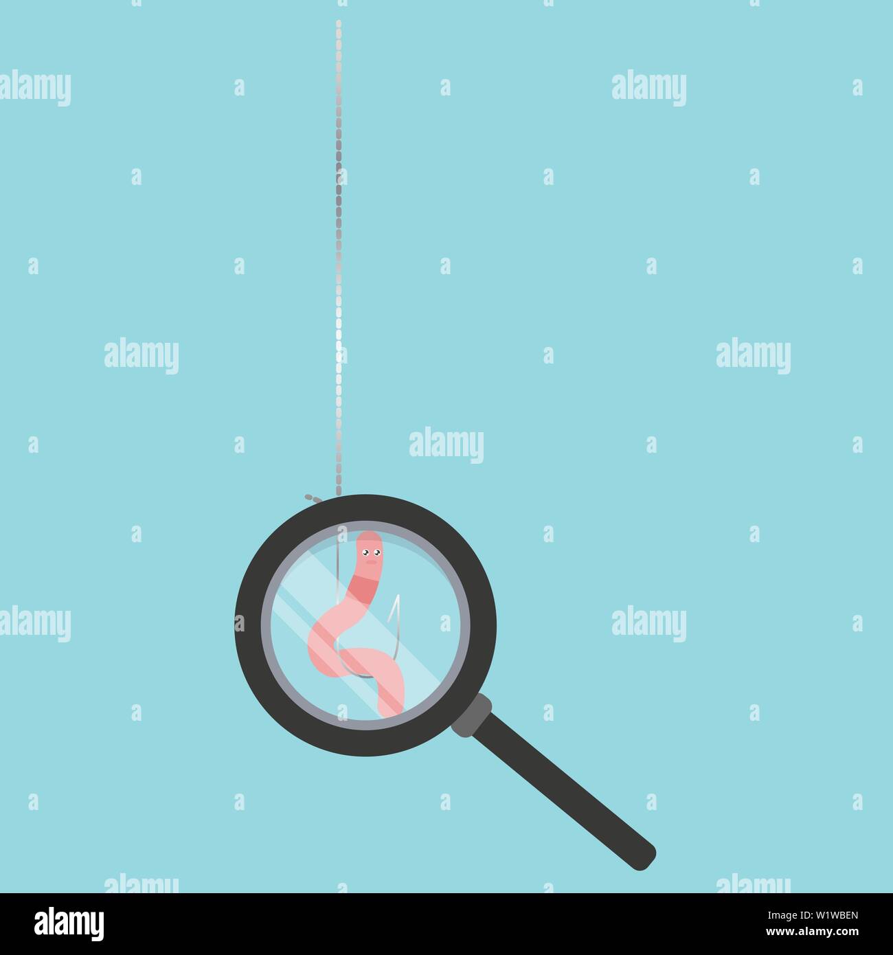 We examine the worm on a hook under a magnifying glass, fishing bait. Vector illustration on color background. Stock Vector