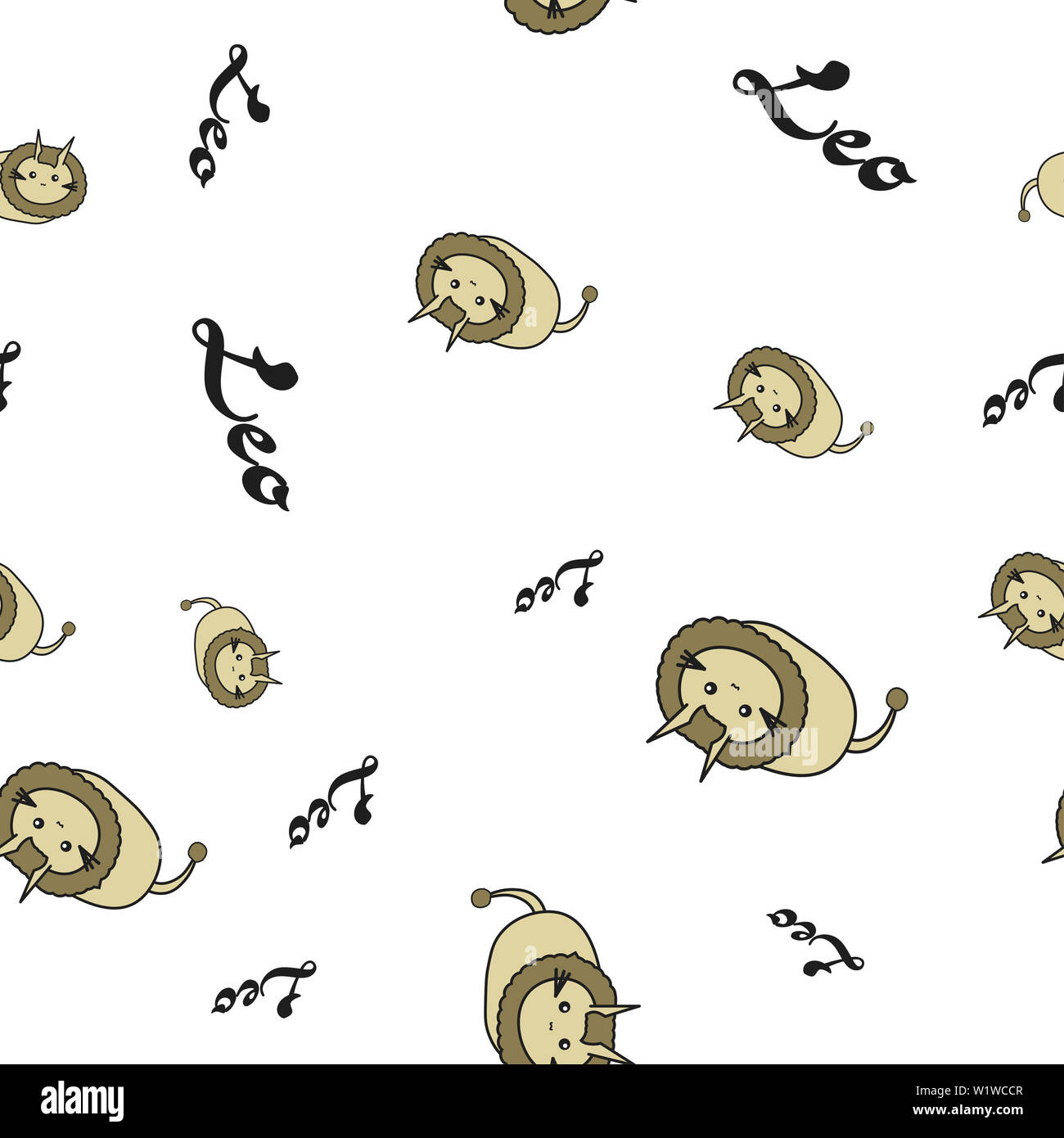 Seamless pattern of cartoon bunnies denoting leo zodiac signs with text.  illustration on white background. Stock Photo