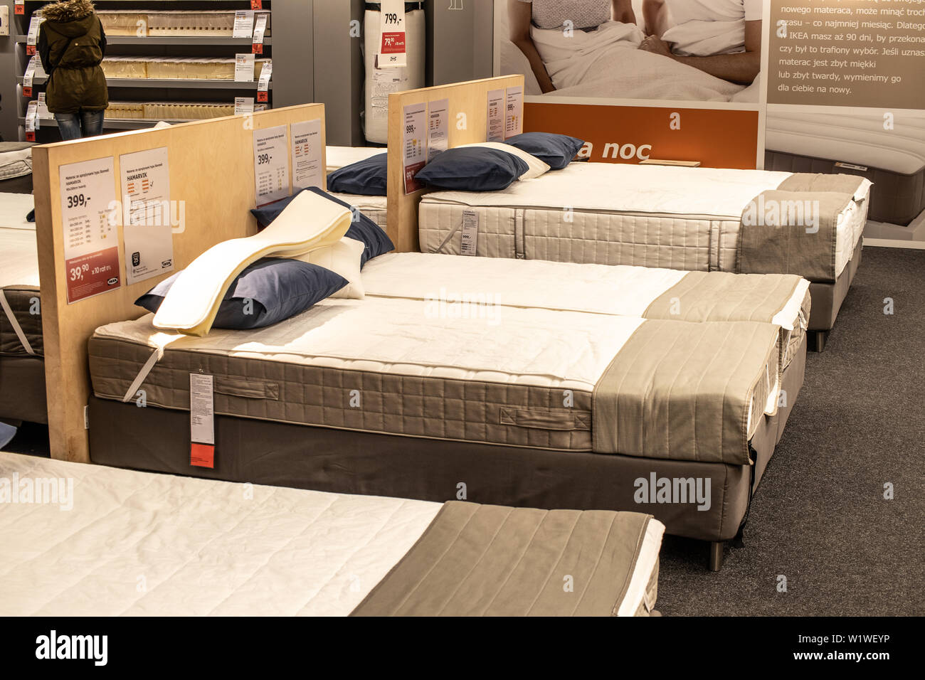 Lodz, Poland, Jan 2019 exhibition interior IKEA store. bed in modern bedroom. IKEA sells ready-to-assemble furniture, appliances, home accessories Stock Photo