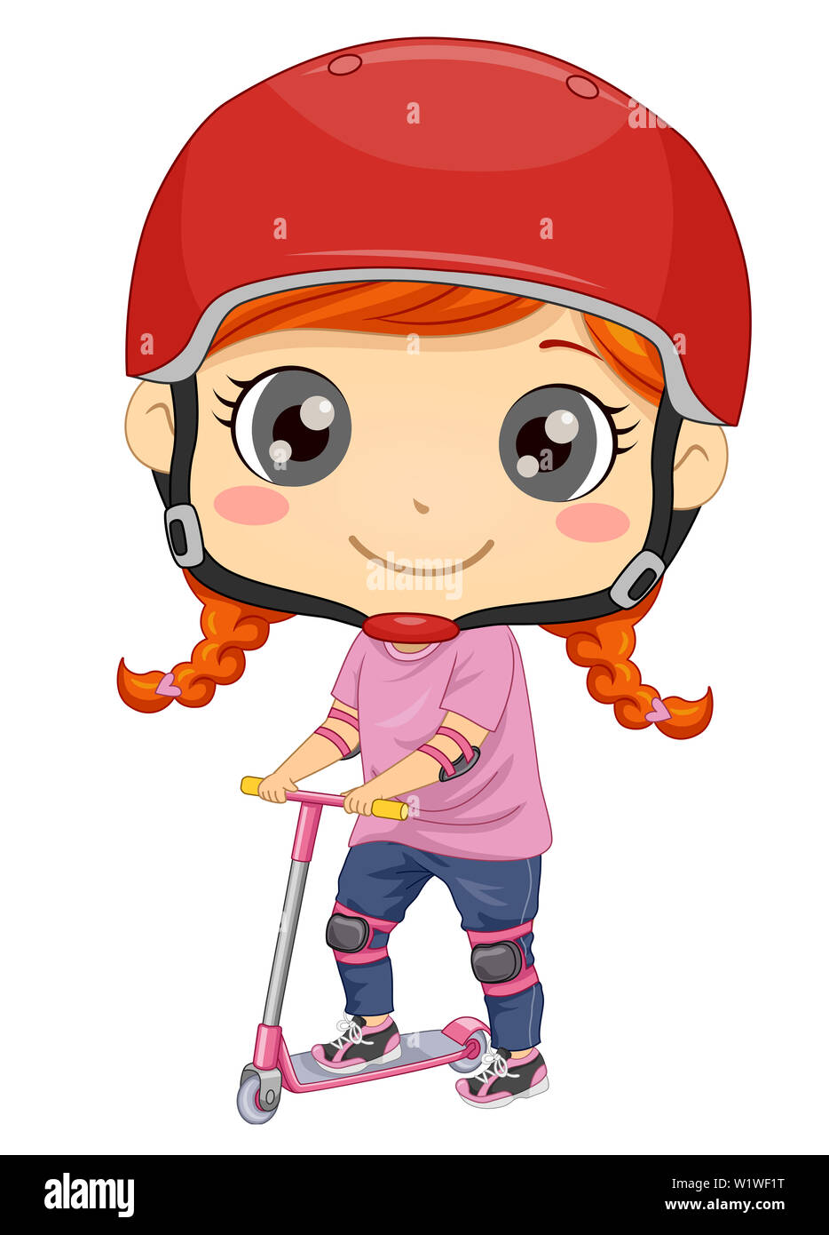 Illustration of a Kid Girl Wearing Helmet and Pads and Riding a Scooter