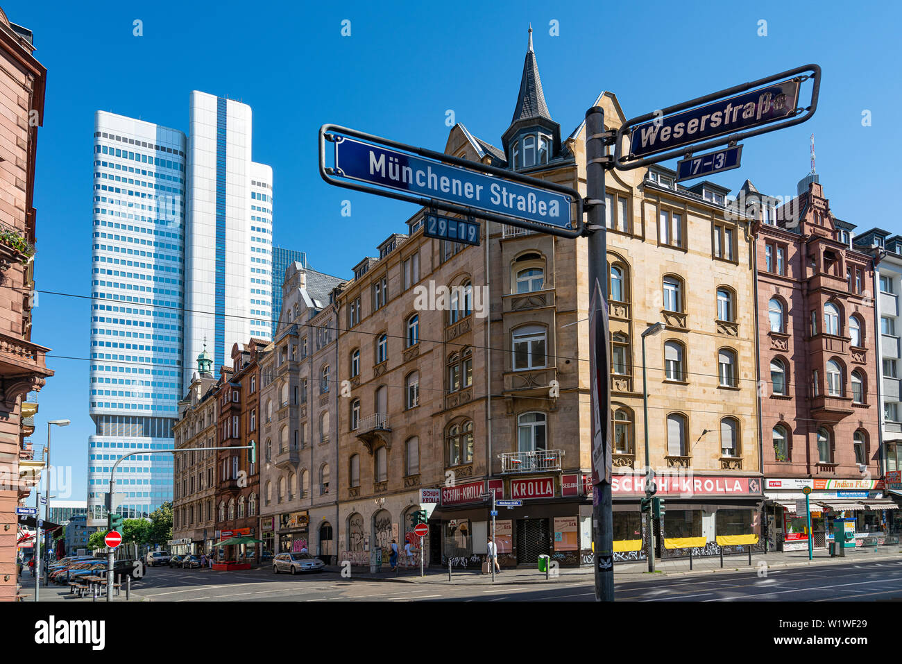 Frankfurt, Germany. July 2019.   Road signs at an intersection in the city center Stock Photo