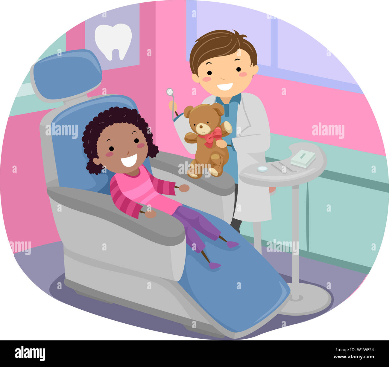 Illustration of a Stickman African American Kid Girl Sitting on a Dentist Chair with Her Dentist Holding Teddy Bear Toy Stock Photo