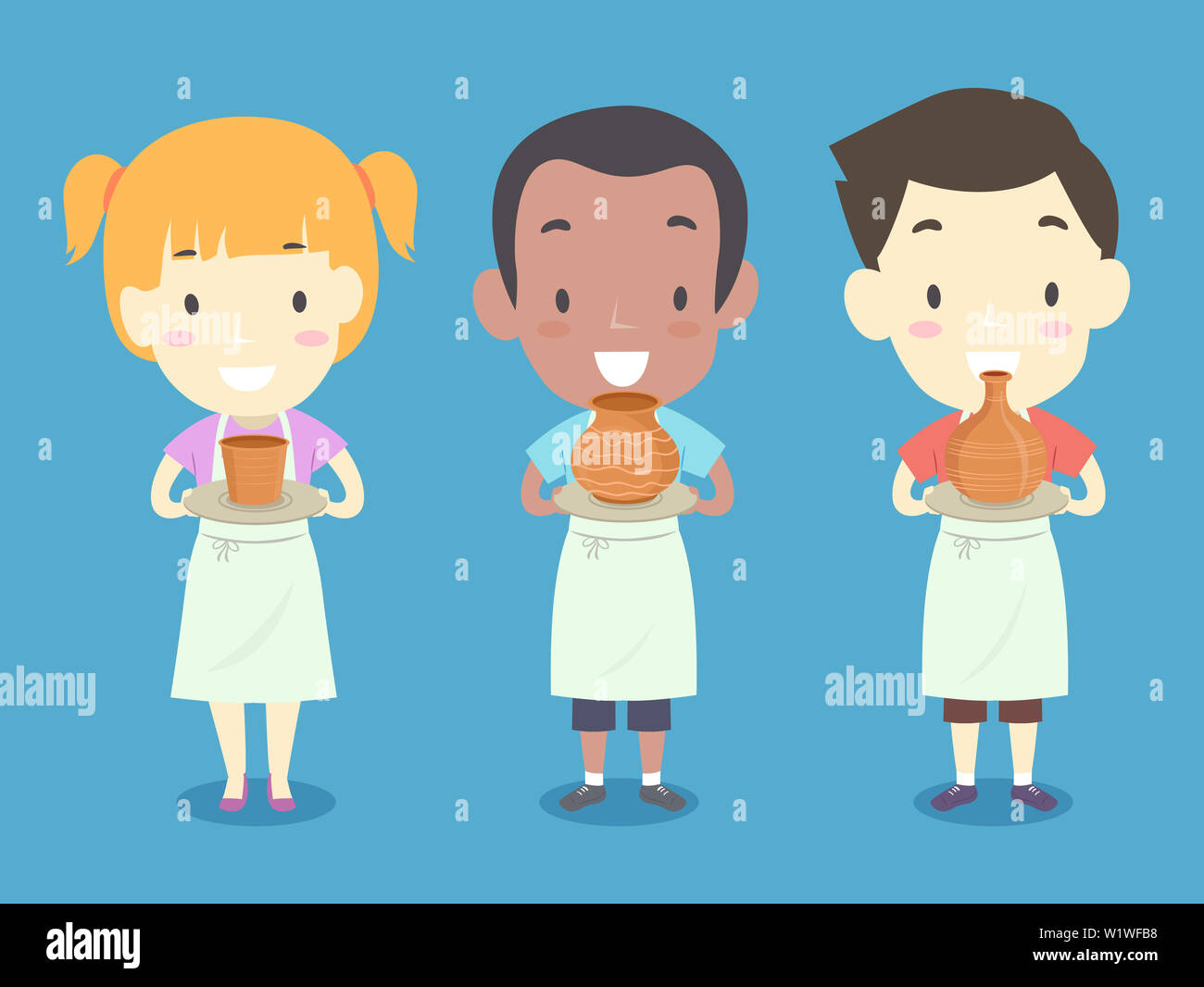 Illustration of Kids Wearing Apron and Holding their Finished Pots in