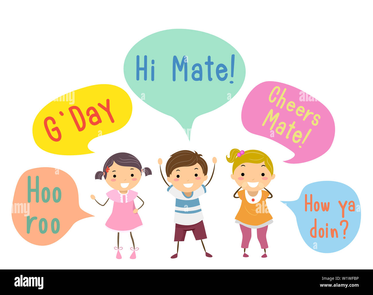 Illustration of Stickman Kids Talking, Waving with Speech Bubbles with in Australia Stock Photo -