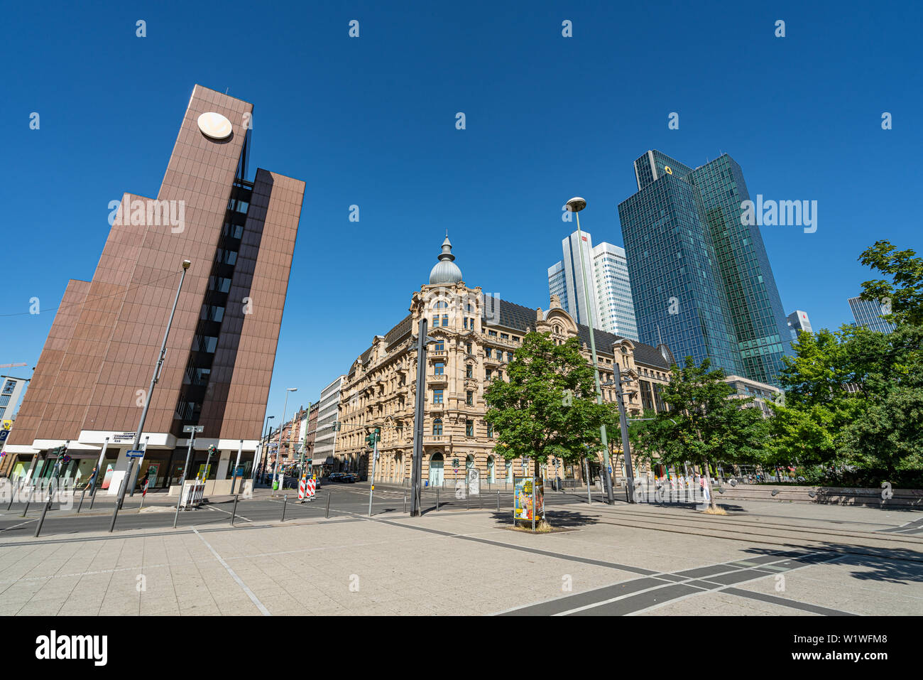 Frankfurt, Germany. July 2019.  the contrast between old and modern buildings in the city center Stock Photo