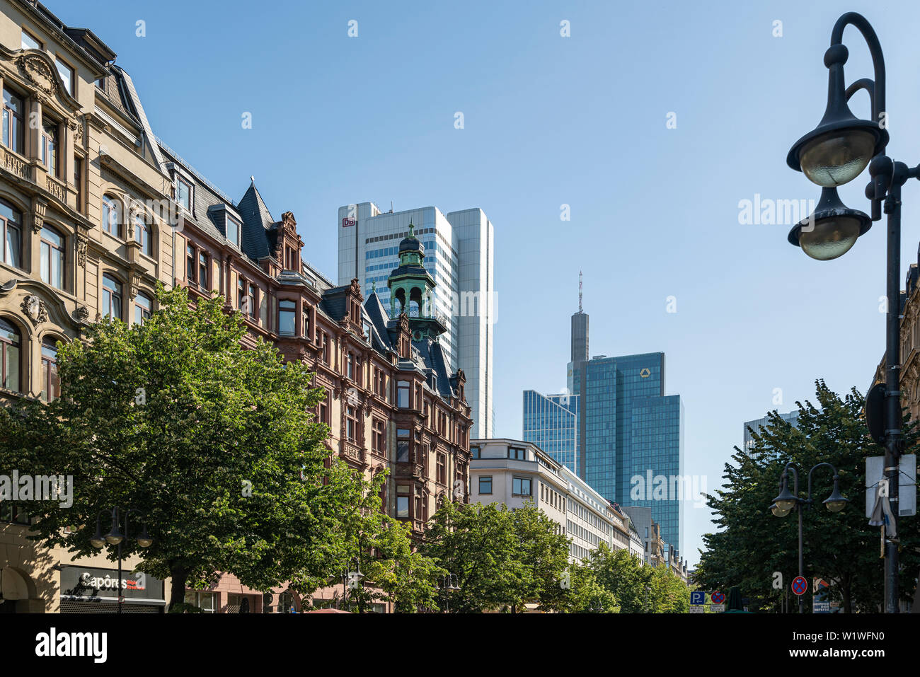 Frankfurt, Germany. July 2019.  the contrast between old and modern buildings in the city center Stock Photo