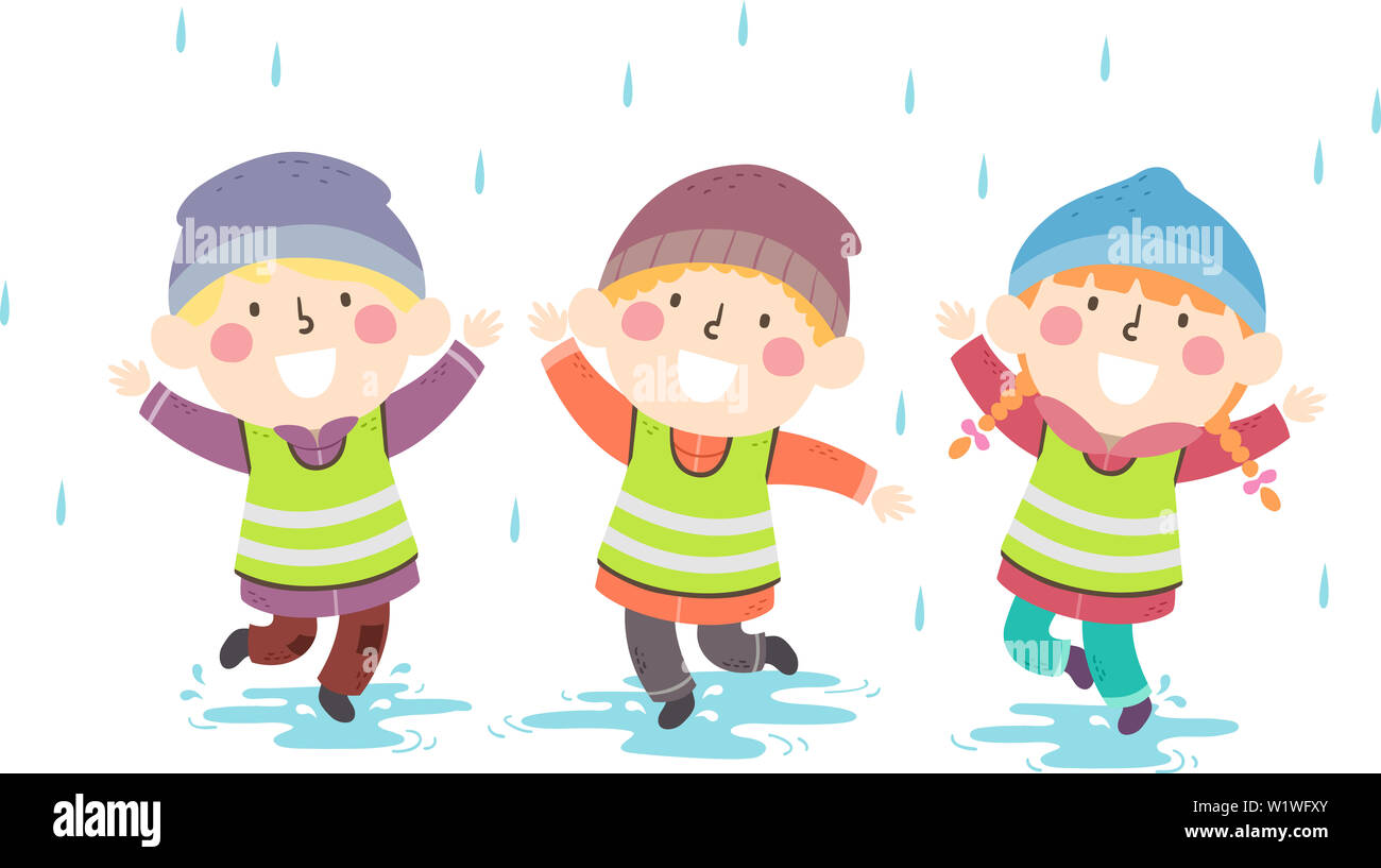 Illustration of Kids Outdoors Enjoying Rain Shower Outdoors Stock Photo