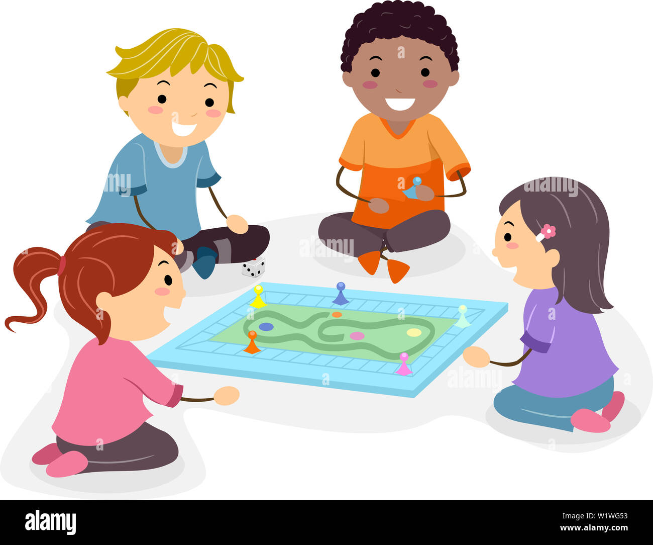 Illustration of Stickman Kids Playing Board Game on the Floor Stock
