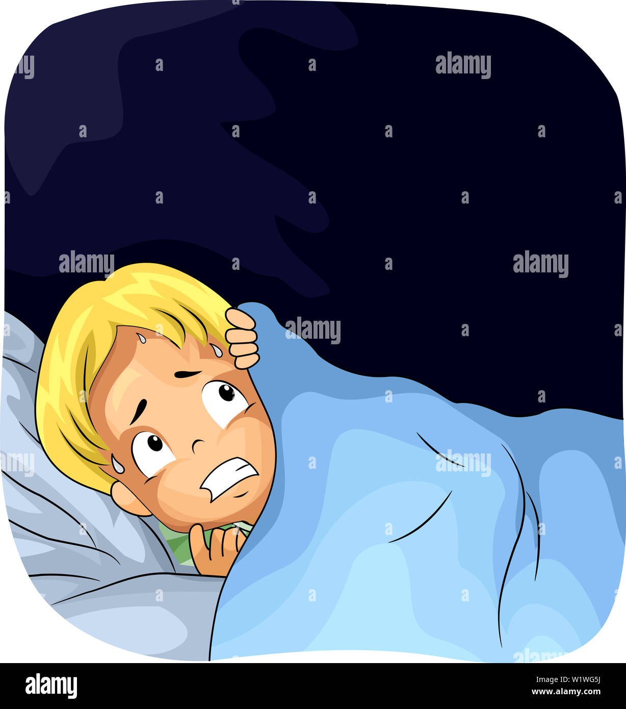 Illustration of a Kid Boy In Bed Under Covers Being Scared of the Dark Stock Photo Alamy