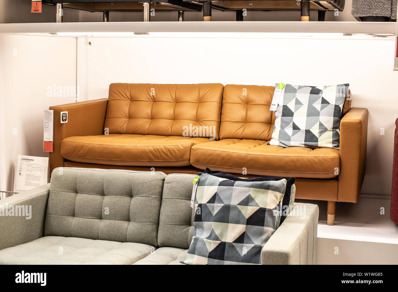 Lodz, Poland, Jan 2019 exhibition, interior IKEA store. modern sofas. IKEA designs, sells ready-to-assemble furniture, appliances, home accessories Stock Photo