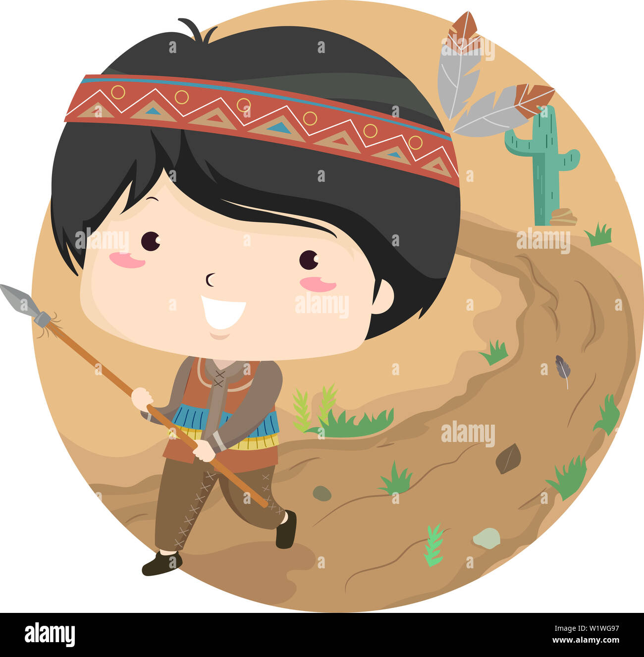 Illustration of a Native American Kid Boy Walking Down a Path Holding a Spear Stock Photo