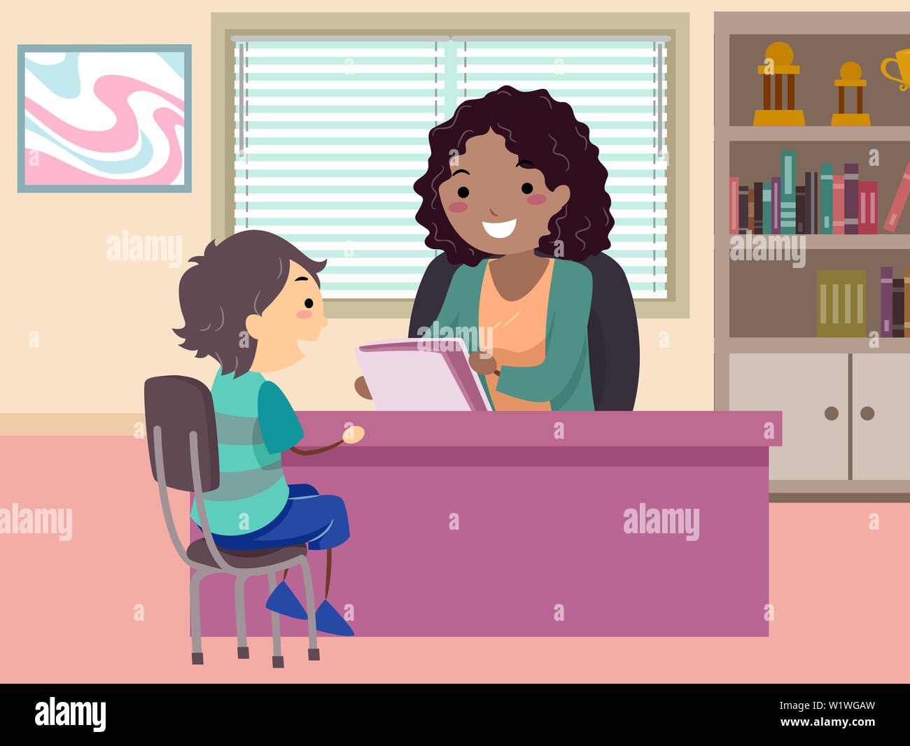 Illustration of a Stickman Kid Boy Student Sitting Down and Talking to the Principal or a Guidance Counselor in an Office Stock Photo