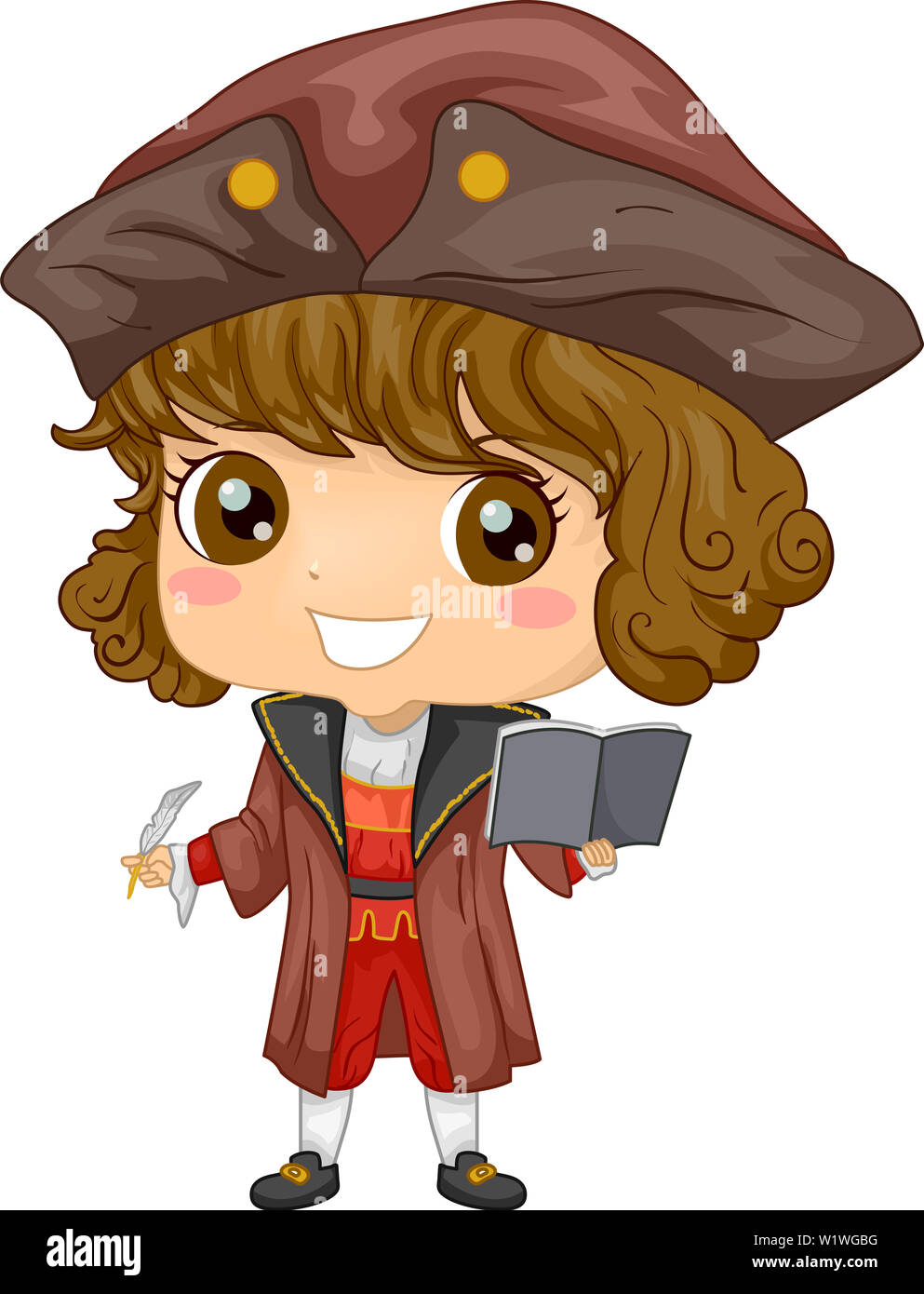 Illustration of a Kid Boy Wearing a Christopher Columbus Costume Holding a Book and Quill Stock Photo