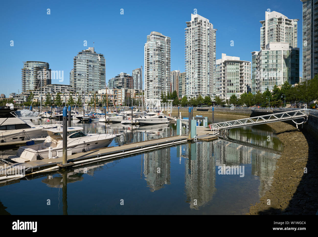 Yaletown False Creek Morning. Early morning light reflects off Yaletown condominiums. Vancouver. British Columbia, Canada. Stock Photo