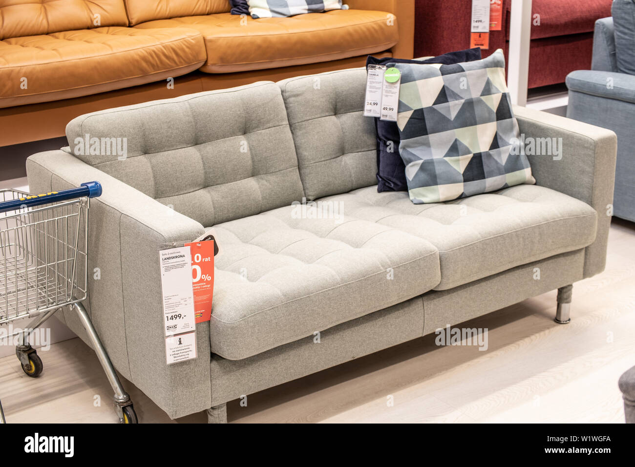 Lodz, Poland, Jan 2019 exhibition, interior IKEA store. modern sofas. IKEA designs, sells ready-to-assemble furniture, appliances, home accessories Stock Photo