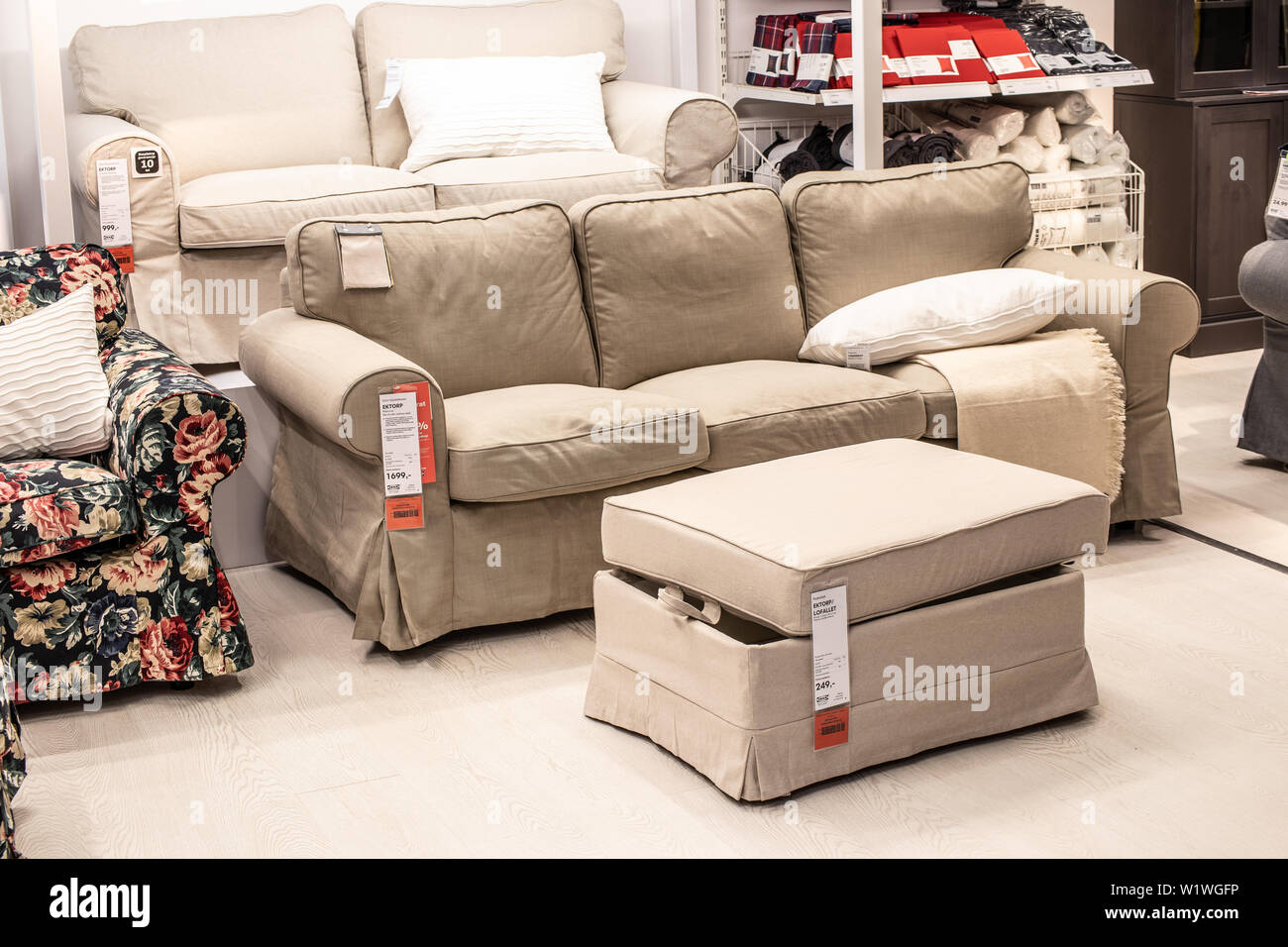 Lodz, Poland, Jan 2019 exhibition, interior IKEA store. modern sofas. IKEA designs, sells ready-to-assemble furniture, appliances, home accessories Stock Photo