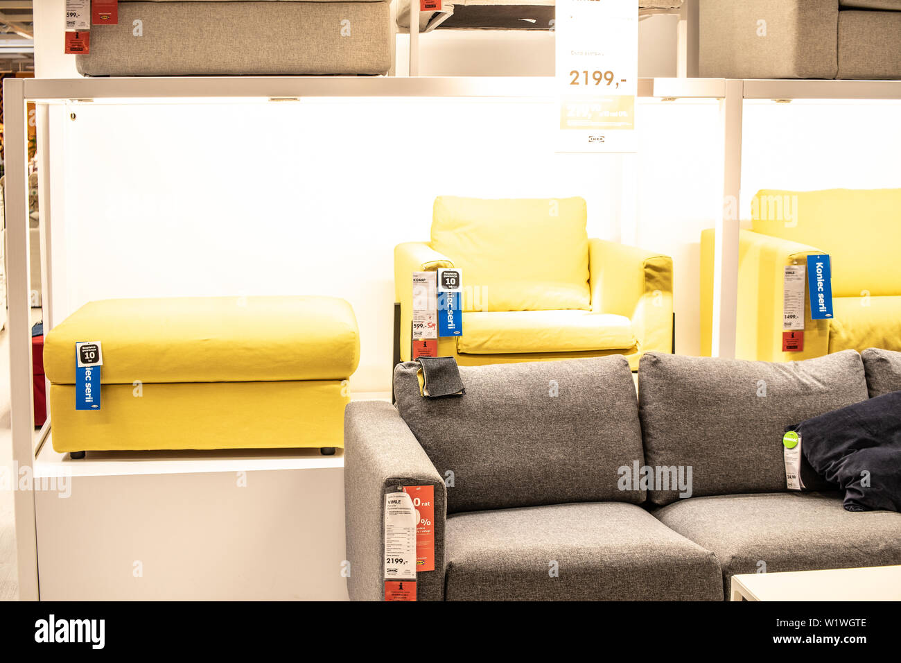 Lodz, Poland, Jan 2019 exhibition, interior IKEA store. modern sofas. IKEA designs, sells ready-to-assemble furniture, appliances, home accessories Stock Photo