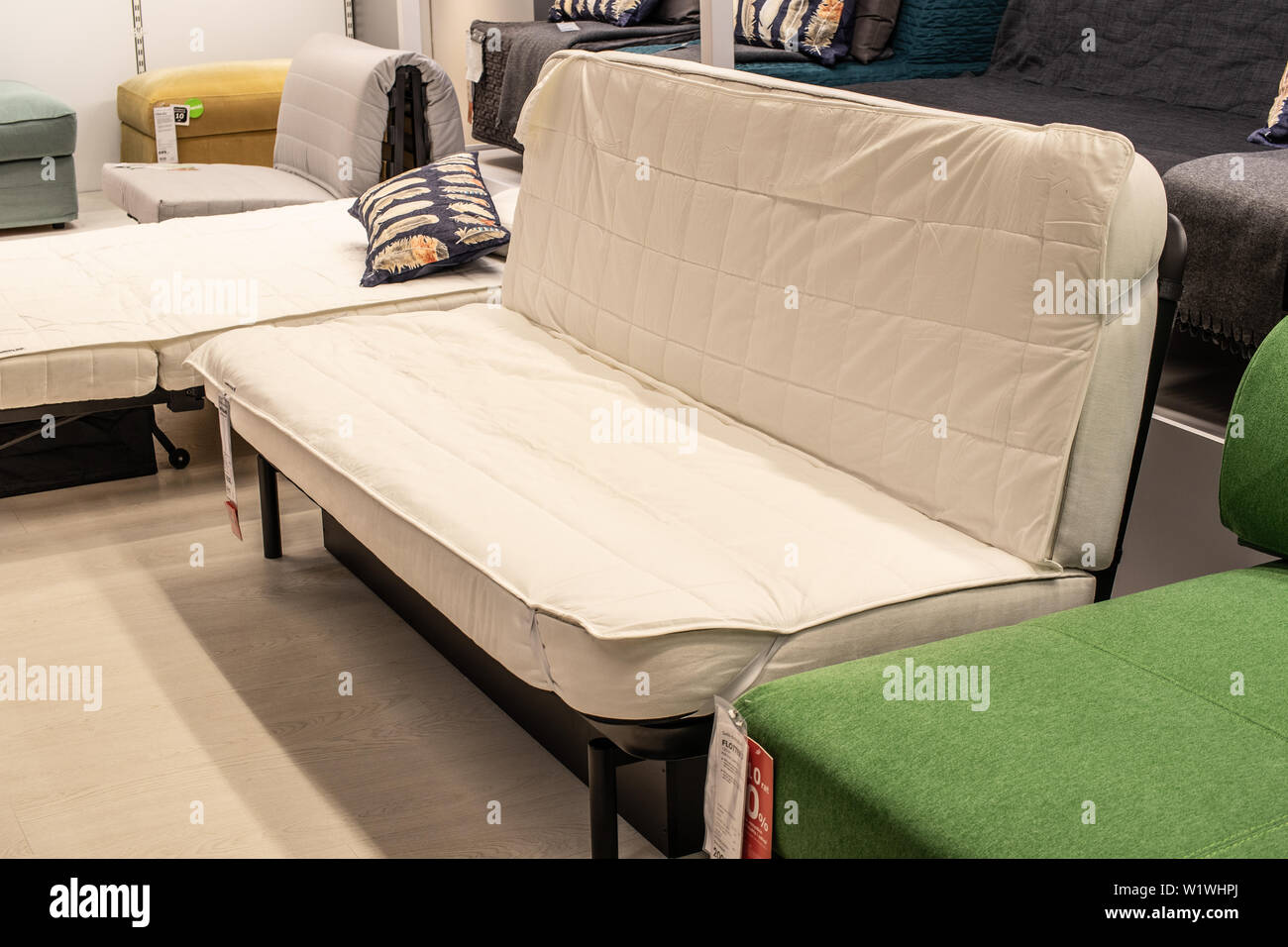 Lodz, Poland, Jan 2019 exhibition, interior IKEA store. modern sofas. IKEA designs, sells ready-to-assemble furniture, appliances, home accessories. Stock Photo