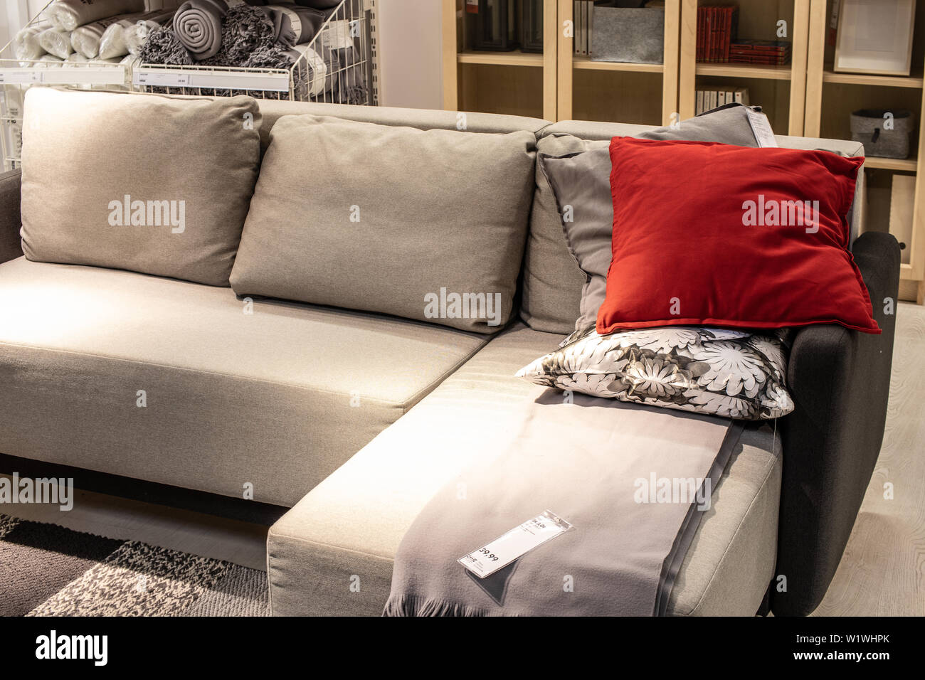 Lodz, Poland, Jan 2019 exhibition, interior IKEA store. modern sofas. IKEA designs, sells ready-to-assemble furniture, appliances, home accessories. Stock Photo